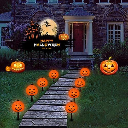 C7 Halloween Pumpkin Pathway Stake Lights, 7 Ft Halloween Pathway String Lights with 4 C7 Bulbs, Stake, Halloween Decorations Driveway Markers Lig...