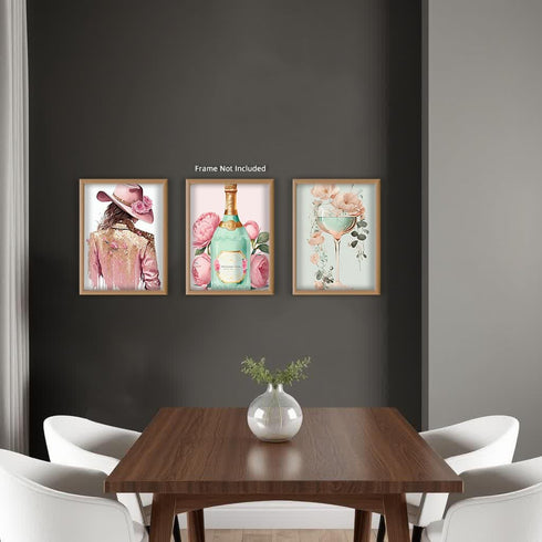 Posterizer 3 pcs-Pastel Pink and Baby Blue Champage and Woman-Floral Botanical Art-Abstract & Modern Art- Living Room Bedroom Decor- unframed wall...