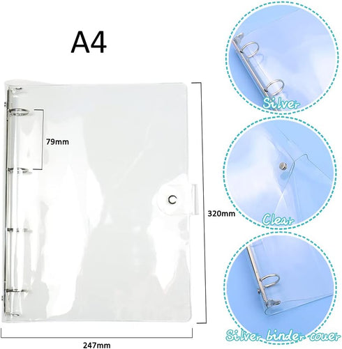 A4 Clear Soft PVC Round Ring Binders Dia 25mm 4-Ring Binder Cover with Snap Button Closure for Loose Leaf Journal Planner Albums DIY (A4-4 Holes(2...