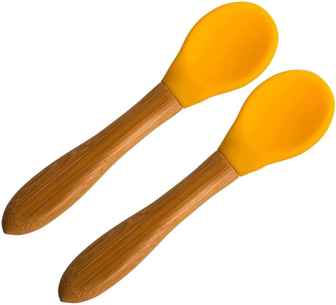 Baby Spoons Bamboo Feeding Spoon 5.5" with Silicone Tip BPA Free Toddler Food Spoons Yellow 2 PACK...