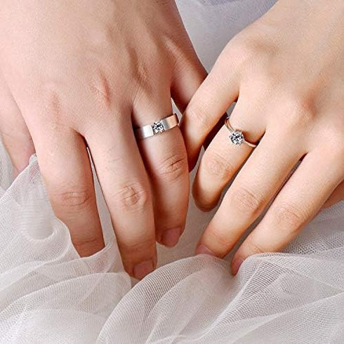 Uloveido 1 Pair Wedding Engagement Couple Ring Set for Women and Men Valentine's Day Gift - Anniversary Promise Ring Set in Silver Color for Boyfr...