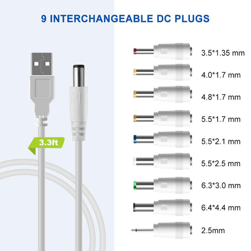LANMU USB to DC Power Cable,Universal 5V DC Jack Charging Cable Power Cord with 9 Interchangeable Plugs Connectors Adapter Compatible with Massage...