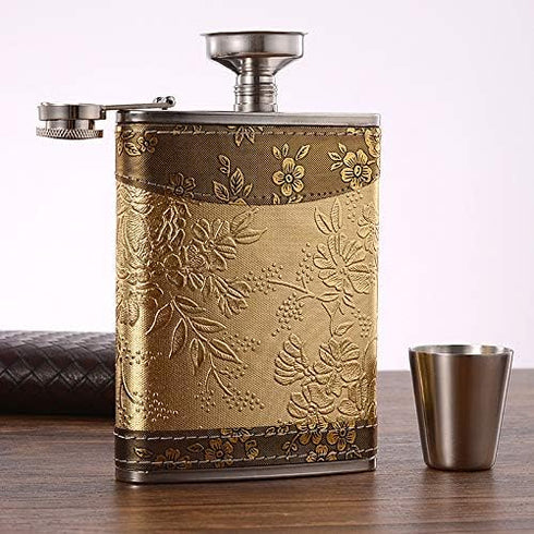 Golden pattern 8 Oz Gift 100% Stainless Steel(304/18-8 SS).Bonus 2 Shot Glass+1Funnel+1Giftbox.Flask Leak Proof Tested.Flask for Liquor/Alcohol.Fl...