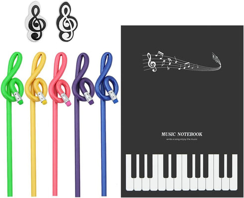 Apol Music Notes Theme Stationery Set 8 Pieces Include 1 Pcs Stave Music Notebook 2 Pcs High-notes Eraser and 5 Pcs Notes Pencils for For Students...