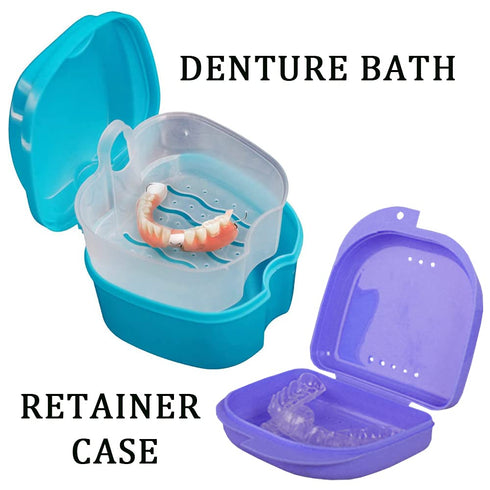 Denture Bath Case Cup with Denture Cleaner Brush & Retainer Holder Box, Complete Clean Care for Dentures, Clear Braces, Mouth Guard, Night Guard &...