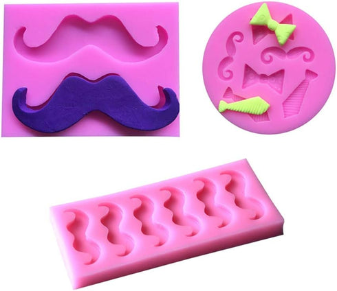 3Pcs/Set Mustache & Bow Tie Cake Fondant Mold, Moustache Necktie Silicone Mold Little Man Baby Shower Cupcake Topper Decoration Boy 1st First Birt...