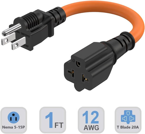 1Ft 12AWG 15 Amp Household Plug to 20-Amp Adapter Cable Nema 5-15P to 5-20R,5-15P to 6-15R/20R T-Blade 20Amp to 15Amp AC Plug-Adapter Cable,Heavy ...