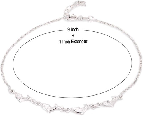 Sterling Silver Jewelry Playful Dolphin Anklet with Rhodium Plating for Women and Girls...