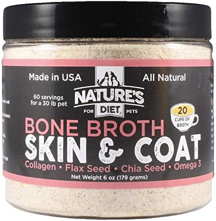 Nature's Diet Pet Bone Broth Protein Powder with Collagen, Chia Seed, Flax Seed & Omega 3 (Skin & Coat, 6 oz (60 Servings))...