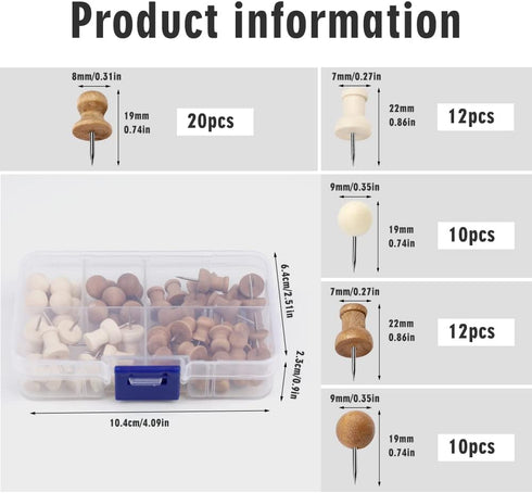 Push Pins, Thumb Tacks, Decorative Push Pins for Cork Board Wooden Thumb Tacks for Wall Hangings, Bulletin Boards, Maps, Photos, and Home Office C...