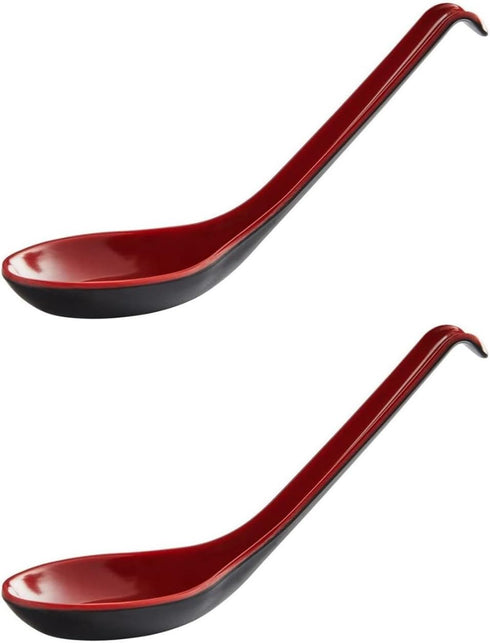 2 Pack - Red and Black 6.5-inch Asian Soup Spoon with Hook– Fuji Chinese Japanese Korean Style Spoon, Perfect for Melamine Won Ton Rice Pho Soba &...