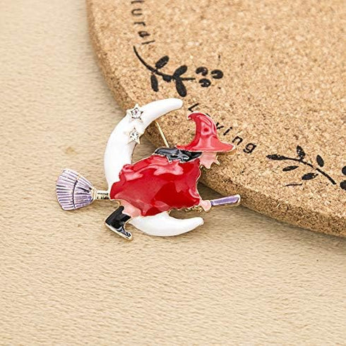 Witch Flying on The Broom Pin Brooch with Moon Star Enamel Brooch Clothes Bags Accessories for Girls Boys Halloween Jewelry...