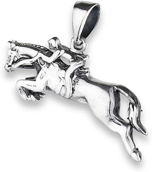 Jumping Horse Pendant .925 Sterling Silver Woman Riding Equestrian Show Charm...