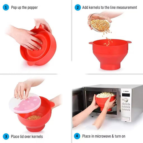 Collapasable Silicon Popcorn Popper Bowl for Microwave with Lid Handle - Resuable BPA free and Dishwasher safe - Silicon Popcorn Popper Maker - 10...