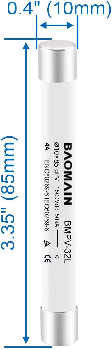 Baomain 1500VDC Solar PV Fuse, gPV-Type Fuse Link, Wire Fusible 10 x 85 mm 50kA Photovoltaic Fuses, BMPV-32L CE Pack of 5 (4 Amp.)...