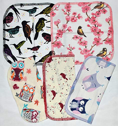 Gina's Soft Cloth Shop 1 Ply Owls & Birds Fun Flannel Washable Kids Lunchbox Napkins 8x8 inches 5 Pack - Little Wipes (R) Flannel- Proudly Made in...