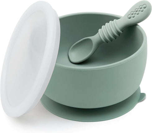 Baby Bowl and Spoon Set with Suction and Lid, Silicone Baby Food Bowl, First Stage Baby Feeding Set, Self Feeding Essentials for 6+ Months (Forest...