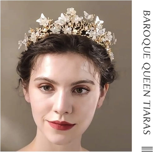 Haomye Gold Wedding Crowns Butterfly Crowns Flower Crown and Tiaras Hair Jewelry Bridal Hair Accessories for Women and Girls...