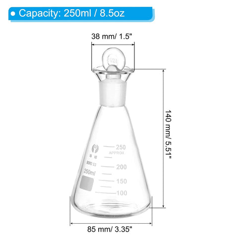 PATIKIL Erlenmeyer Flask, 250ml 8.5oz Narrow Mouth Graduated Flasks with Glass Stopper Borosilicate Glass Flasks with Printed Graduation for Lab E...