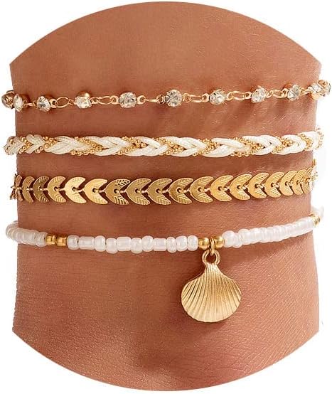 4Pcs Bohemian Puka Shell Anklets Beaded Bracelets for Woman,Gold Anklets Beach Foot Chain Charm Adjustable Bead Bracelets for Girls Foot Jewelry...