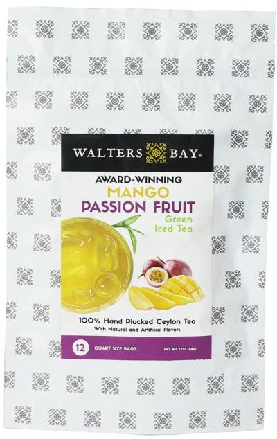 Walters Bay Mango Passion Fruit Green Iced Tea, 12 Quart Sized Tea Bags, Ceylon Tea, Unsweetened, Tropical Mango Passion Fruit Flavored, 100% Hand...