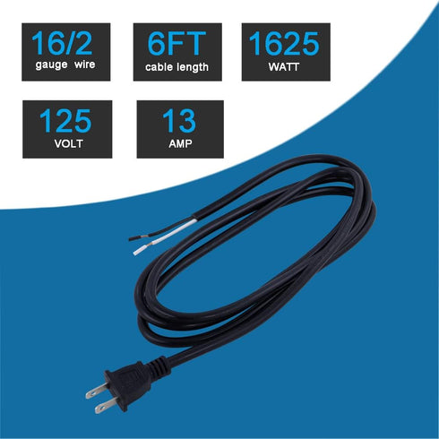 16AWG Replacement Power Cord 2 Prong Pigtail 2 Wire 16 Gauge Polarized Plug Extension Cord 13A 125V 1625W 110V AC Power Supply Cord SJT 6FT Open E...