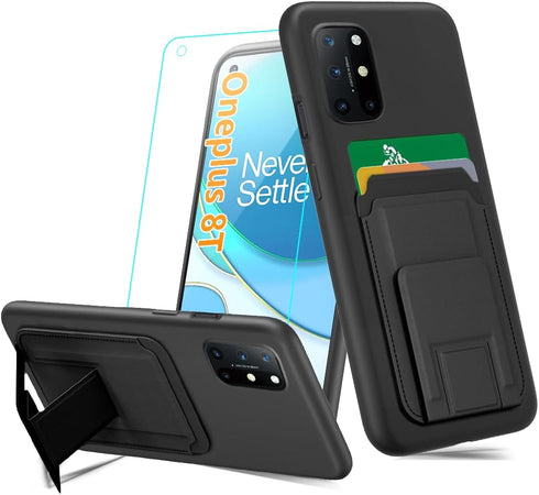Case for Oneplus 8T 5G Phone Case with Tempered Glass Screen Protector, Folding Kickstand/Stand Wallet Case Card Holder/ Slots Silicone TPU Shockp...