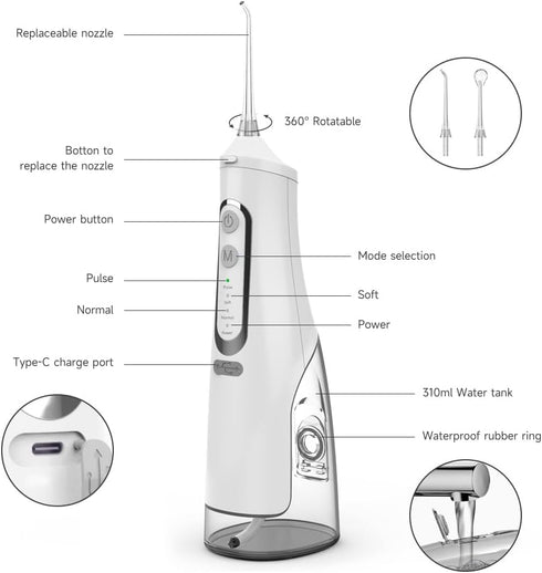 Portable 310ml Dental Floss Picks for Teeth Cleaning,IPX7 Waterproof 4 Modes Irrigate for Oral Care,USB Rechargeable Oral Irrigator for Home and T...