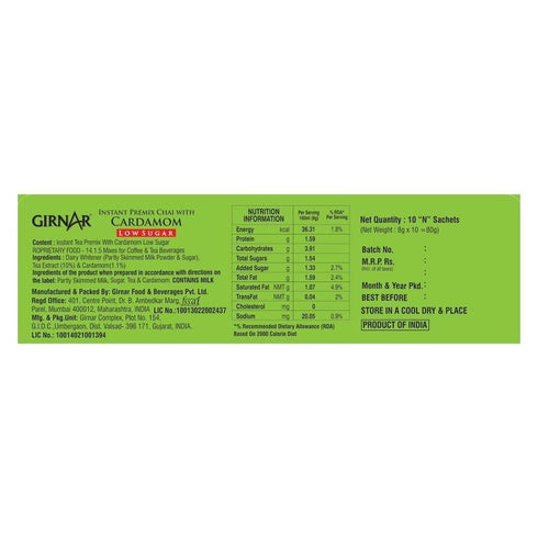 Girnar Instant Chai/Tea Premix With Cardamom Unsweetened, 10 Sachet Pack...
