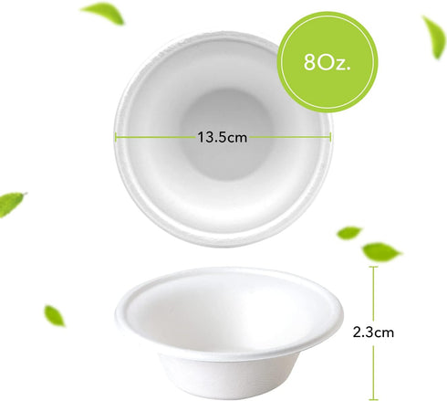 three leaf 8OZ. (240ml) BAGASSE BOWL, 50 Ct. Heavy-Duty- Super Strong- Natural- Eco-Friendly Disposable Bagasse Bowl, 100% Biodegradable 8 Oz. Bow...