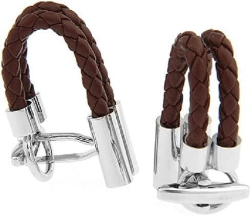 Leather Braided Brown Pair Cufflinks in a Presentation Gift Box & Polishing Cloth...