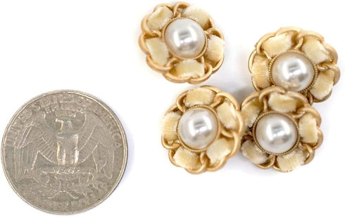Faux Pearl Sewing Shank Buttons Hollow Edge Beige Velvet Interweave Metal Base 20 Pcs - 18mm, 23/32"...