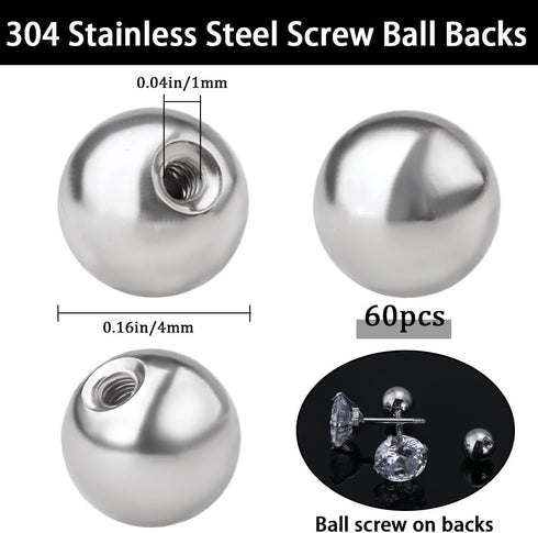 Beebeecraft 1 Box 60Pcs Silver Earring Backs 304 Stainless Steel 4mm Screw Ball Backs for Jewelry Earring Making Supplies...