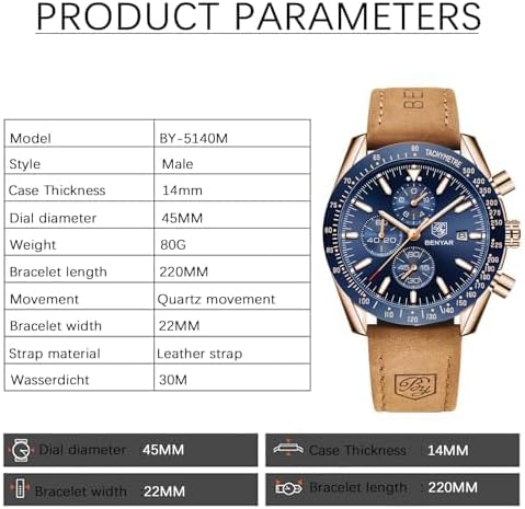 BENYAR Mens Watches Quartz Chronograph Business Luxury Brand Waterproof Wristwatches Fashion Brown Leather Watches for Men...