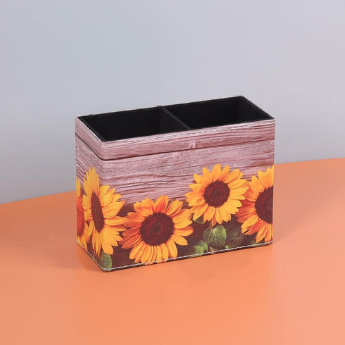 Sunflower Pen Holder Pencil Holder for Desk,2 Compartments PU Leather Desktop Pen Cup Storage Makeup Brush Holder for Office, School, Home, and Wo...