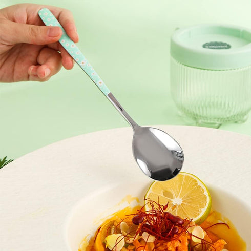 Stainless Steel Soup Spoon,Korean Dessert Spoon,Green Daisy Mixed Color Spoon for Home, Kitchen or Restaurant, Set of 4 Green Daisy Colour Soup Sp...