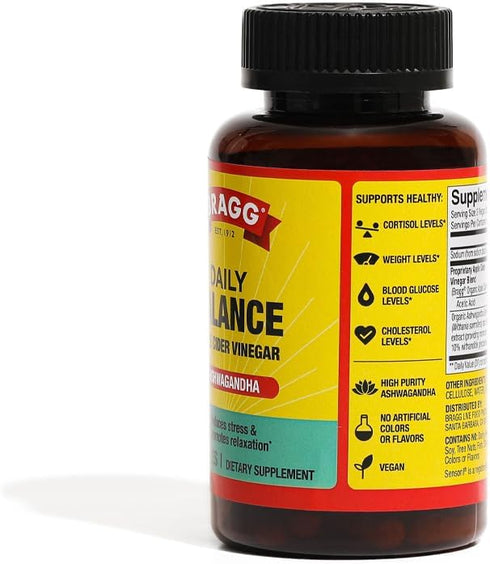Bragg Daily Balance Apple Cider Vinegar and Sensoril Ashwagandha Capsules - 750mg of Acetic Acid – Energy & Weight Management Support - Natural Ev...