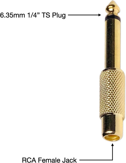 6.35mm 1/4" TS Plug to RCA Female Jack Adapter Connector - 6.35mm Mono Male to RCA Female, Gold-Plated, 10 Pack...