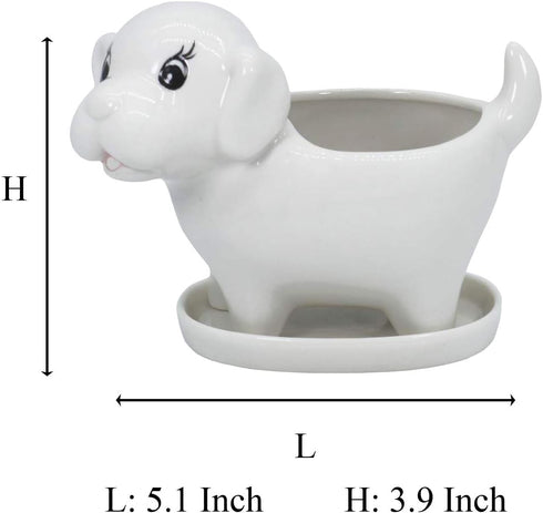 Cute Dog Succulent Planter Pot with Drainage Tray, White Ceramic Flower/Cactus Container, Animal Bonsai Holder for Air Plants...
