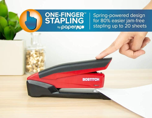 Bostitch Stapler with 1260 Staples - InPower Red Spring Powered Stapler - Built-in Staple Remover - Staple Storage Compartment - One Touch Heavy D...