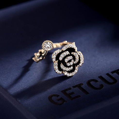 Vivid Black Rose Flower Open Statement Rings for Women CZ Crystal Blooming Wrap Finger Band Engagement Wedding Stacking Ring...