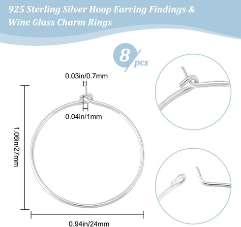Beebeecraft 1 Box 8Pcs Beading Earring Hoops Sterling Silver Open Oval Round Wine Glass Charm Rings Earring Findings Supplies for Jewelry Making D...