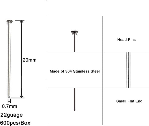 600pcs 304 Stainless-Steel Head Pins for Jewelry Making 20mm 22 Gauge Boxed Silver Flat Head pins for DIY Earrings Necklace Pendant Jewelry Findin...