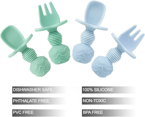 PandaEar 4 Pack Silicone Baby Spoons and Fork Feeding Set- Anti-Choke First Self Feeding Utensils for Baby Led Weaning Ages 3 Months (Cyan+Blue)...