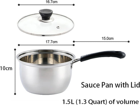 Sauce Pan with Lid Stainless Steel cookware 1.3 Quart Long Handle Milk Pot cookware Works for Home Kitchen Restaurant Dishwasher Safe (1.3 Quart)...
