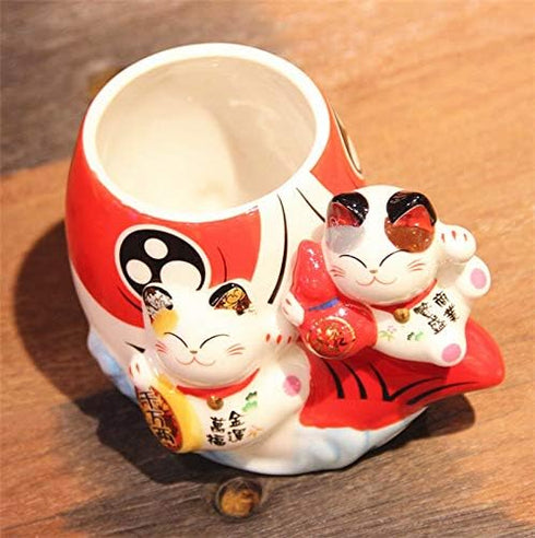 EatingBiting Fortune Japanese Lucky Beckoning Cats Maneki Neko Flower Pot Vase Pen Holder,Pair Cat set on fish,Ceramic Pencil Holder for Organizer...