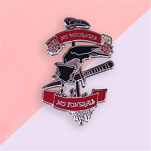 No Mourners No Funerals Hard Enamel Pin Gothic Black Crow Drinking Poniard Brooch Cartoon Red Rose Plant Pins Six Crows Badge...