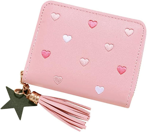 PU Leather Purse Wallet with Star Pendant Womens Credit Card Holder Small Purses with Card Slots Zipper Coin Purse with Embroidery Heart Pink...