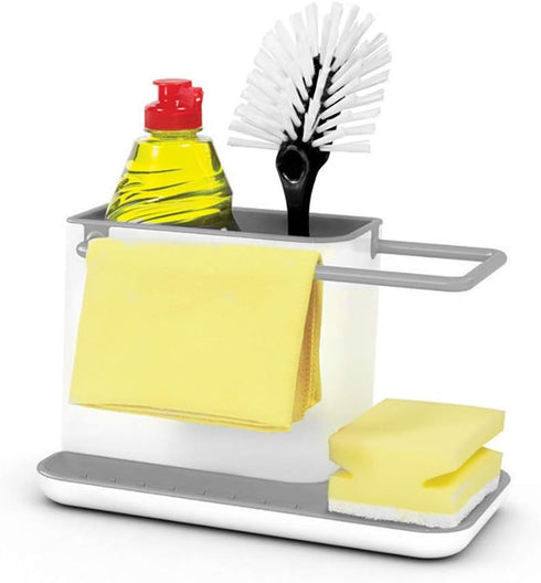 3-in-1 Sink Caddy Sponge Holder, Sturdy Countertop Cutlery Holder Organizer -Kitchenware Holder, Brush Holder + Dish Cloth Hanger (Light Gray)...