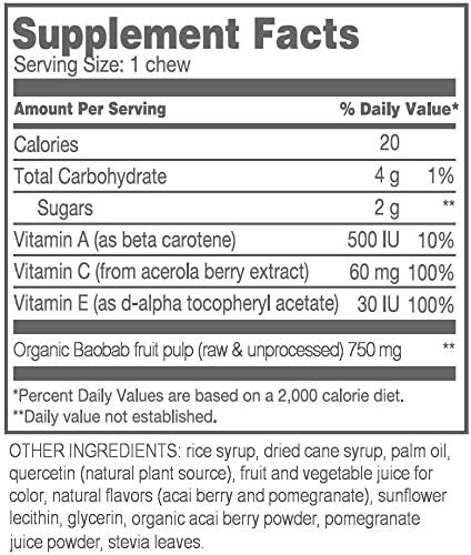 Baobab Superfruit Chews - 750mg Raw Baobab Powder Organic. Immune Superfood Supplement, 100% Antioxidants for Cold Season Vitamin C. Acai Berry Po...